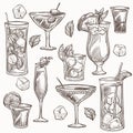 Cocktails isolated sketches ice and fruit slices