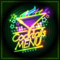 Cocktails menu card cover with neon lights and burning cocktail Royalty Free Stock Photo