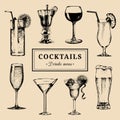 Cocktails menu. Hand sketched alcoholic beverages glasses. Vector set of drinks illustrations, beer, pina colada etc.
