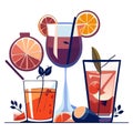 Cocktails with orange, lemon and ice in glasses. Vector illustration AI generated Royalty Free Stock Photo