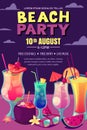 Cocktails party on the night beach. Vector poster, banner layout. Tropical bar background with alcohol cocktails