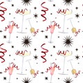 Cocktails pattern. Fashionable, glamorous party. Glasses of champagne with serpentine, ribbons and stars. New Year