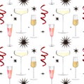 Cocktails pattern. Fashionable, glamorous party. Glasses of champagne and stars. New Year, holiday watercolor seamless
