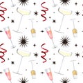 Cocktails pattern. Fashionable, glamorous party. Glasses of champagne and stars. New Year, holiday watercolor seamless