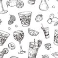 Cocktails pattern. Sketch drinks and fruits background. Hand drawn beverages vector seamless texture