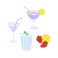 Cocktails. A set of cute cartoon illustrations depicting various summer cold drinks.