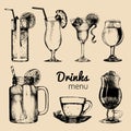 Cocktails,soft drinks and glasses for bar,restaurant,cafe menu. Hand drawn different beverages vector illustrations set. Royalty Free Stock Photo