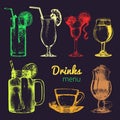 Cocktails, soft drinks and glasses for bar, restaurant, cafe menu. Hand drawn different beverages vector illustrations set.