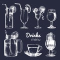 Cocktails,soft drinks and glasses for bar,restaurant,cafe menu. Hand drawn different beverages vector illustrations set. Royalty Free Stock Photo
