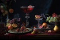 Cocktails on the table, baroque, gourmet photography with flowers incredibly detailed and complex, Rembrandt style