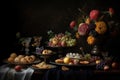 Cocktails on the table, baroque, gourmet photography with flowers incredibly detailed and complex, Rembrandt style