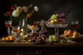 Cocktails on the table, baroque, gourmet photography with flowers incredibly detailed and complex, Rembrandt style