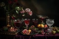 Cocktails on the table, baroque, gourmet photography with flowers incredibly detailed and complex, Rembrandt style