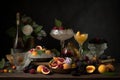 Cocktails on the table, baroque, gourmet photography with flowers incredibly detailed and complex, Rembrandt style