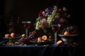 Cocktails on the table, baroque, gourmet photography with flowers incredibly detailed and complex, Rembrandt style