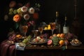 Cocktails on the table, baroque, gourmet photography with flowers incredibly detailed and complex, Rembrandt style