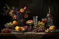 Cocktails on the table, baroque, gourmet photography with flowers incredibly detailed and complex, Rembrandt style