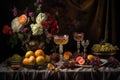 Cocktails on the table, baroque, gourmet photography with flowers incredibly detailed and complex, Rembrandt style