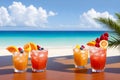 Cocktails on a tropical beach with blue sea and sky background. Summer vacation concept. Teasty cocktail. Beautyful background.