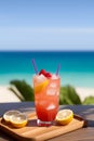 Cocktails on a tropical beach with blue sea and sky background. Summer vacation concept. Teasty cocktail. Beautyful background.