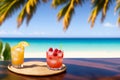 Cocktails On A Tropical Beach With Palm Trees And Turquoise Water. Summer Vacation Concept. Teasty Cocktail. Beautyful Background