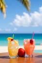 Cocktails On A Tropical Beach With Palm Trees And Turquoise Water. Summer Vacation Concept. Teasty Cocktail. Beautyful Background