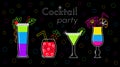 Cocktsil party horizontal vector banner with fresh beverages. Linear glass with colorful alcohol drinks and slices of fruits on