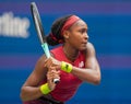 Coco Gauff of United States in action during round of 16 match against Caroline Wozniacki of Denmark at the 2023 US Open