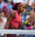 Coco Gauff of United States in action during round of 16 match against Caroline Wozniacki of Denmark at the 2023 US Open