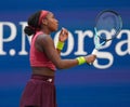 Coco Gauff of United States in action during round of 16 match against Caroline Wozniacki of Denmark at the 2023 US Open