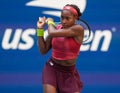 Coco Gauff of United States in action during round of 16 match against Caroline Wozniacki of Denmark at the 2023 US Open