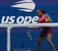 Coco Gauff of United States in action during round of 16 match against Caroline Wozniacki of Denmark at the 2023 US Open