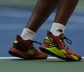 Coco Gauff wears custom New Balance tennis shoes during round of 16 match against Caroline Wozniacki at the 2023 US Open