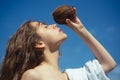 Coco milk. lady drinking coconut juice. summer vacation. Clean eating diet, vegetarian and vegan. Woman is moisturizing Royalty Free Stock Photo