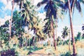 Coco palm tree alley with greenery. Tropical nature digital painting.