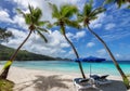 Coco palms and umbrellas on tropical sunny beach for summer vacations in paradise island Royalty Free Stock Photo