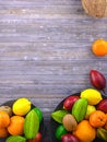 Coco on vintage table and some tropical fruits