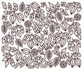 Cocoa ornament. Chocolate pack design background. Beans and branches leaves. Editable outline stroke. Vector line.