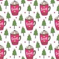 Cocoa background with winter trees. Sweet seamless pattern. Vector illustration