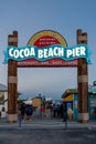Illuminated neon sign for the Cocoa Beach Pier at dusk Royalty Free Stock Photo