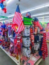 Cocoa beach, USA - April 29, 2018: American flag goods for Independence Day at Dollar Tree shop