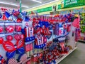 Cocoa beach, USA - April 29, 2018: American flag goods for Independence Day at Dollar Tree shop