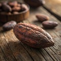Cocoa bean. Macro. Cocoa bean on rustic wooden table Royalty Free Stock Photo