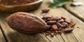 Cocoa bean. Macro. Cocoa bean on rustic wooden table Royalty Free Stock Photo