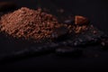 Cocoa beans and cacao powder on dark background Royalty Free Stock Photo