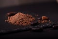 Cocoa beans and cacao powder on dark background Royalty Free Stock Photo