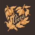 Cocoa leaves. Vintage badge or logo for t-shirts, typography, shop or signboards. Hand Drawn engraved sketch. Vector