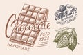 Cocoa Beans and chocolate bar. Vintage badge or logo for t-shirts, typography, shop or signboards. Hand Drawn engraved