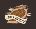 Cocoa fruit and ribbon. Beans or Grains. Vintage badge or logo for t-shirts, typography, shop or signboards. Hand Drawn