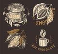 Cocoa Beans and Chocolate. Fruit and bag. Vintage badge or logo set for t-shirts, typography, shop or signboards. Hand